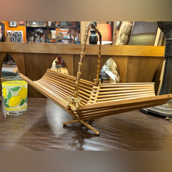 Mid Century Teak Folding Basket/ Fruit Bowl With Bamboo Handle MCM - Picture 6 of 8